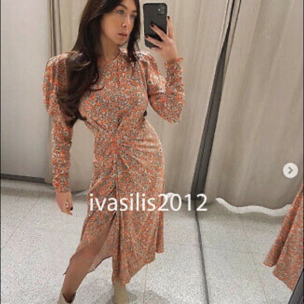 Zara FLORAL PRINTED DRAPED MIDI Flowy DRESS Long Sleeve Puff Shoulders Sz XS NEW - Picture 7 of 16